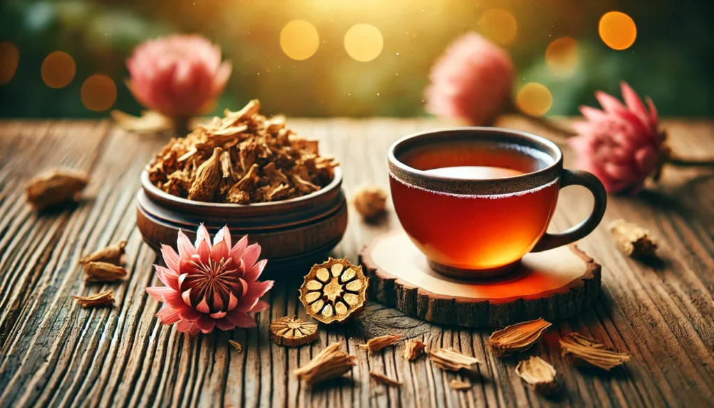 A calming still-life of a cup of Rhodiola rosea herbal tea on a wooden table, surrounded by dried Rhodiola roots, with warm natural lighting evoking relaxation and holistic well-being.