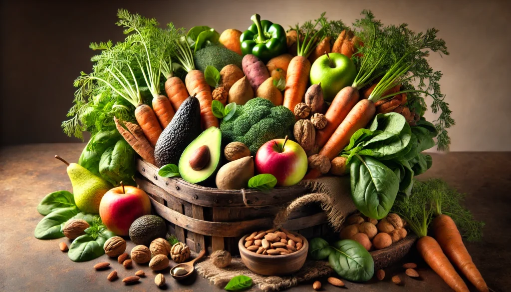 A rustic wooden basket overflowing with fiber-rich produce, including carrots, sweet potatoes, avocados, apples, pears, leafy greens, and scattered nuts and seeds, captured in warm, natural lighting.
