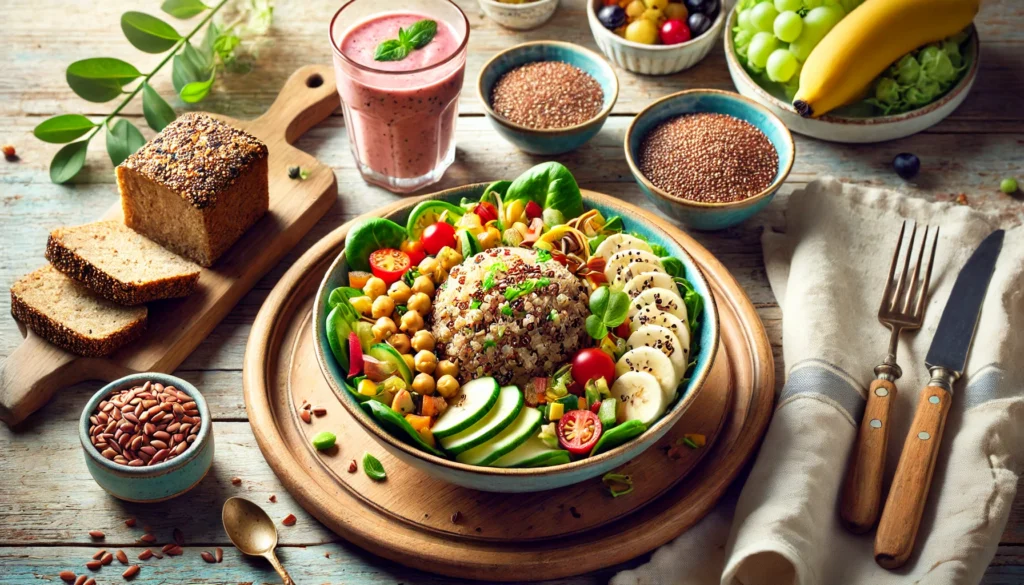 A beautifully plated high-fiber meal with a quinoa salad, chickpeas, whole grain bread, a berry smoothie, and nuts, highlighting fiber-packed nutrition for digestive health.
