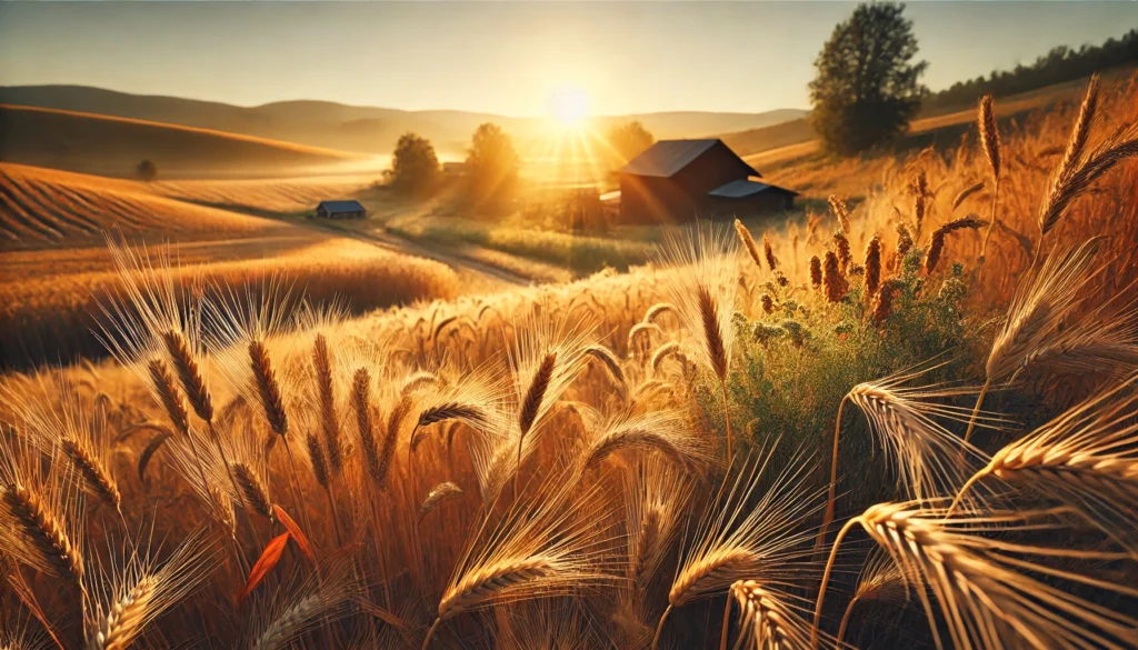 A scenic farm landscape showcasing golden fields of wheat and barley under warm sunlight, emphasizing the natural origins of whole grains and their role in a healthy diet.