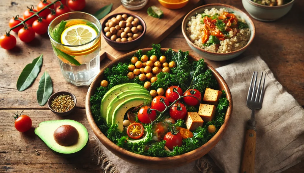 A rustic wooden table set for a nutritious flexitarian meal, featuring a kale and chickpea salad, roasted tofu, quinoa, and citrus-infused water, illustrating the harmony of plant-based and occasional animal-based ingredients.
