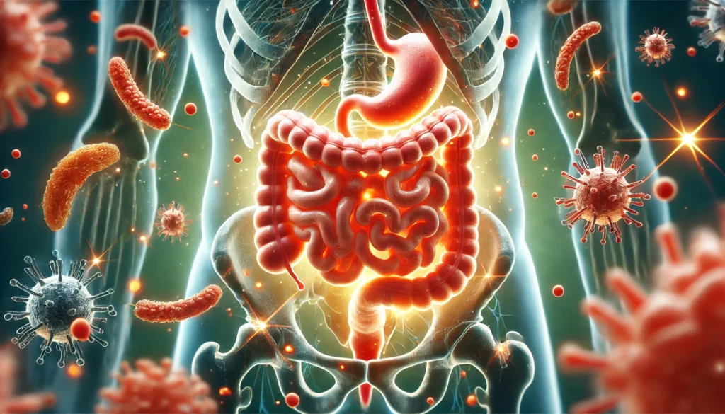 A medical-style illustration of a glowing, healthy digestive system surrounded by beneficial bacteria, representing the positive effects of a fiber-rich diet on gut health.
