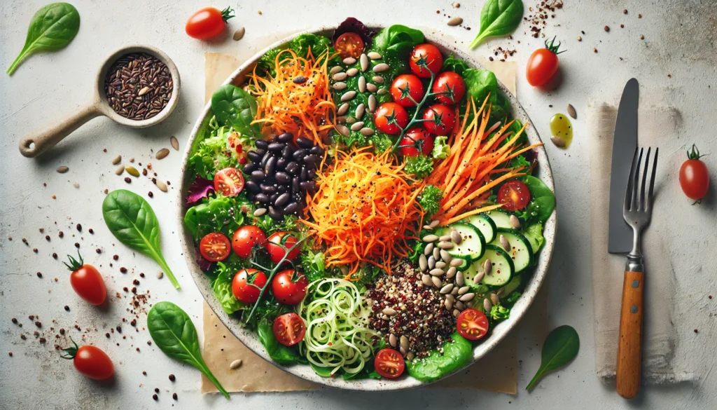 A colorful high-fiber salad with leafy greens, shredded carrots, cherry tomatoes, black beans, quinoa, and sunflower seeds, drizzled with a light dressing.