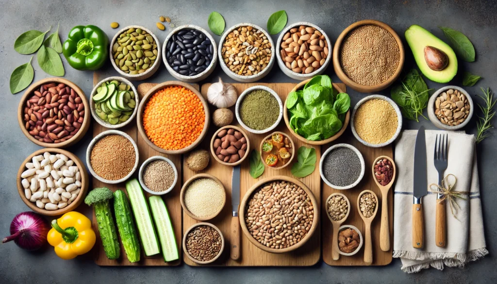 A top-down view of a meal-prep station with neatly arranged fiber-rich ingredients such as lentils, beans, whole grains, nuts, seeds, and fresh vegetables, highlighting the importance of meal planning for effective diabetes management.