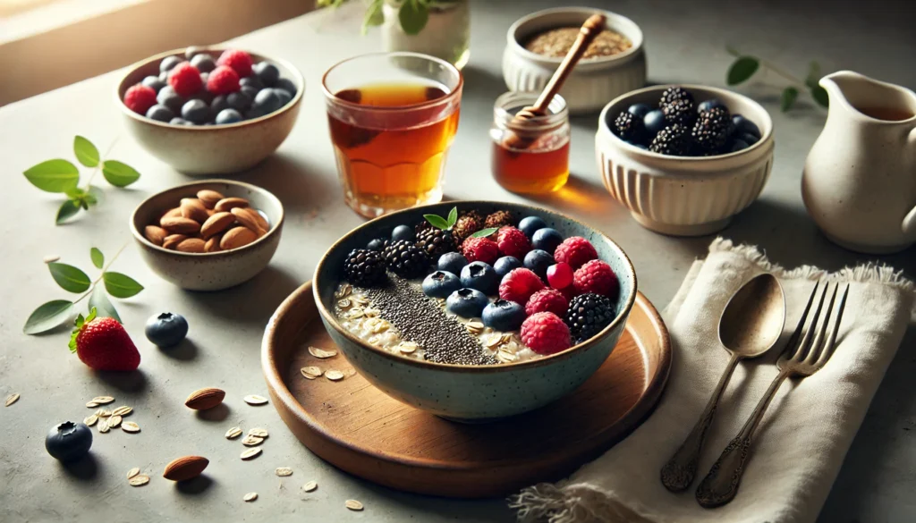 A peaceful dining scene with a fiber-rich breakfast bowl of oats, fresh berries, chia seeds, and honey, alongside a cup of herbal tea and a small dish of almonds, bathed in soft morning light from a nearby window.