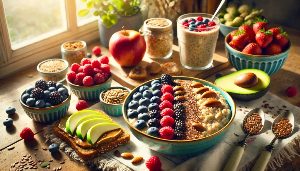 A bright and inviting breakfast spread featuring fiber-rich foods, including oatmeal with fresh berries and nuts, a smoothie bowl with flaxseeds, sliced apples with almond butter, and whole-grain avocado toast, emphasizing gut health and digestion.