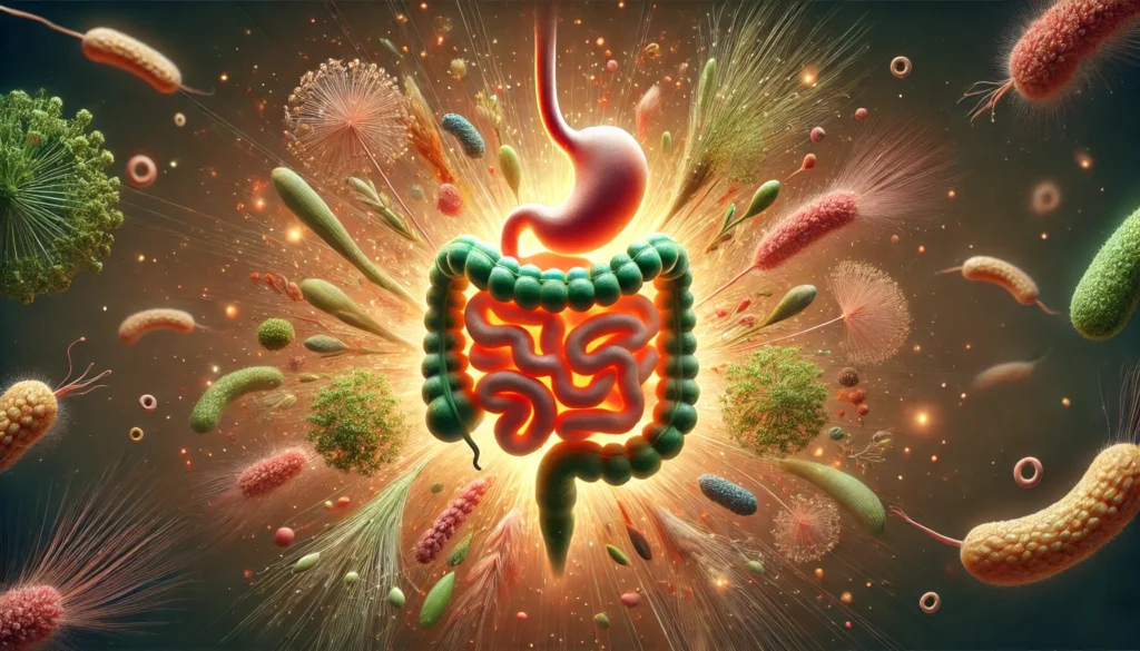 A conceptual art representation of gut health, depicting a glowing digestive tract surrounded by an ecosystem of healthy bacteria and fiber strands, symbolizing balance and well-being.
