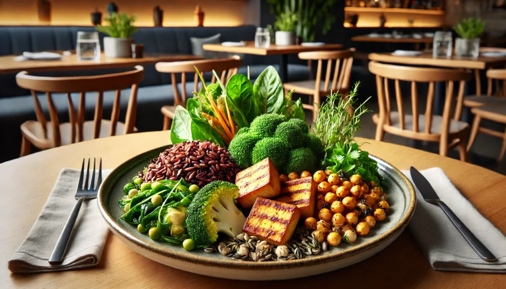 A nutritious plant-based high-fiber restaurant dish with grilled tofu, steamed broccoli, roasted chickpeas, wild rice, and mixed greens, served in a modern dining environment.
