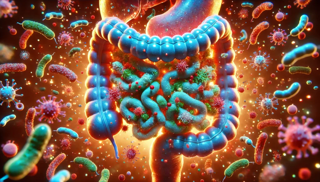 A detailed 3D-rendered close-up of diverse gut microbiota inside the human intestines, featuring various shapes and colors of beneficial bacteria thriving in a healthy intestinal environment.