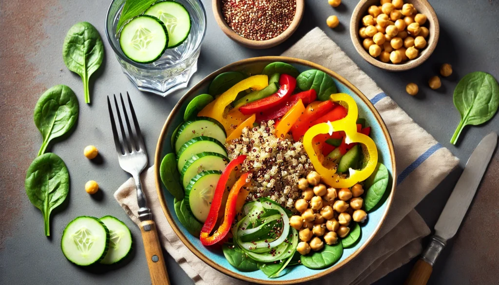 An overhead view of a nutritious quinoa salad mixed with chickpeas, bell peppers, and spinach, served with a glass of cucumber-infused water to emphasize hydration in a fiber-rich diet.