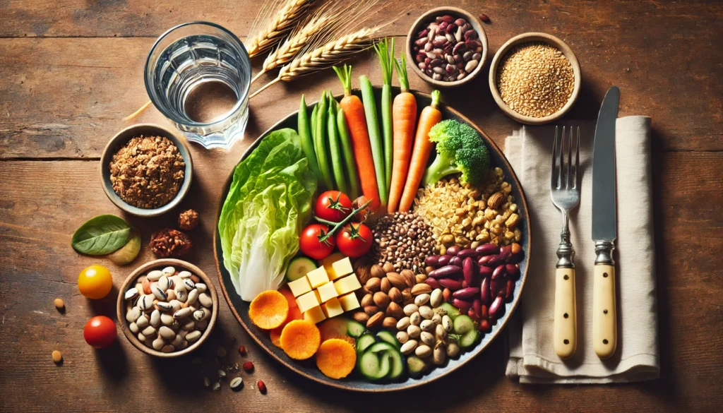 A balanced meal plate featuring a variety of fiber-rich foods such as vegetables, legumes, and whole grains, paired with a glass of water. The arrangement symbolizes healthy fiber consumption with an emphasis on moderation.