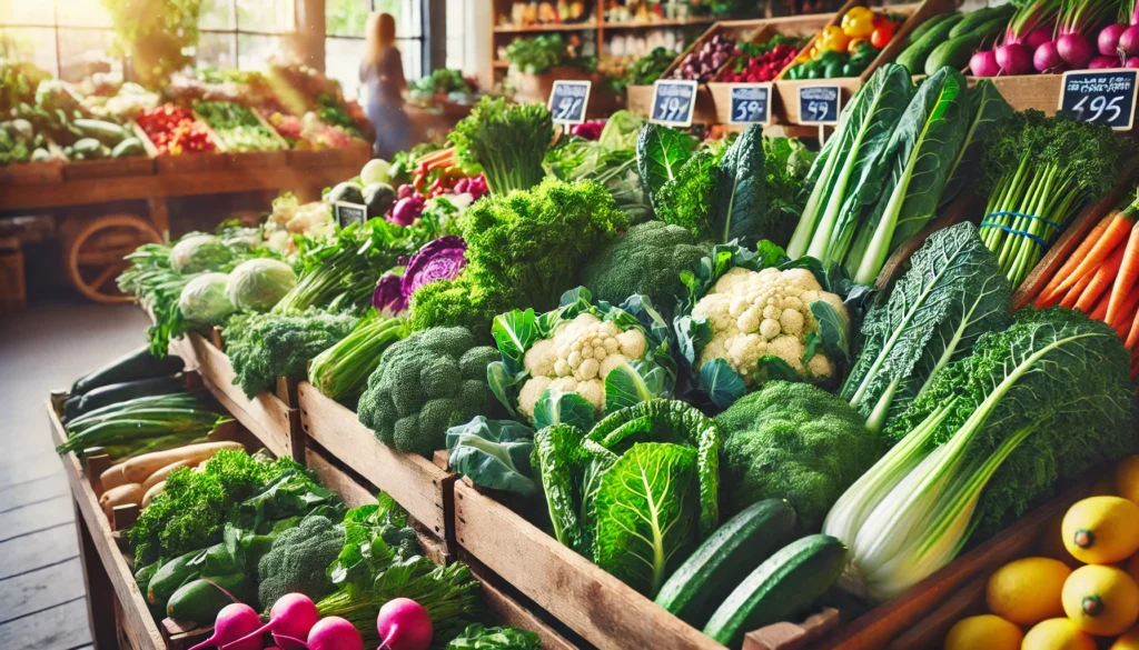 A vibrant market scene featuring fresh, fiber-rich vegetables such as kale, spinach, broccoli, and cauliflower, arranged in wooden crates under natural sunlight for a fresh and inviting atmosphere.