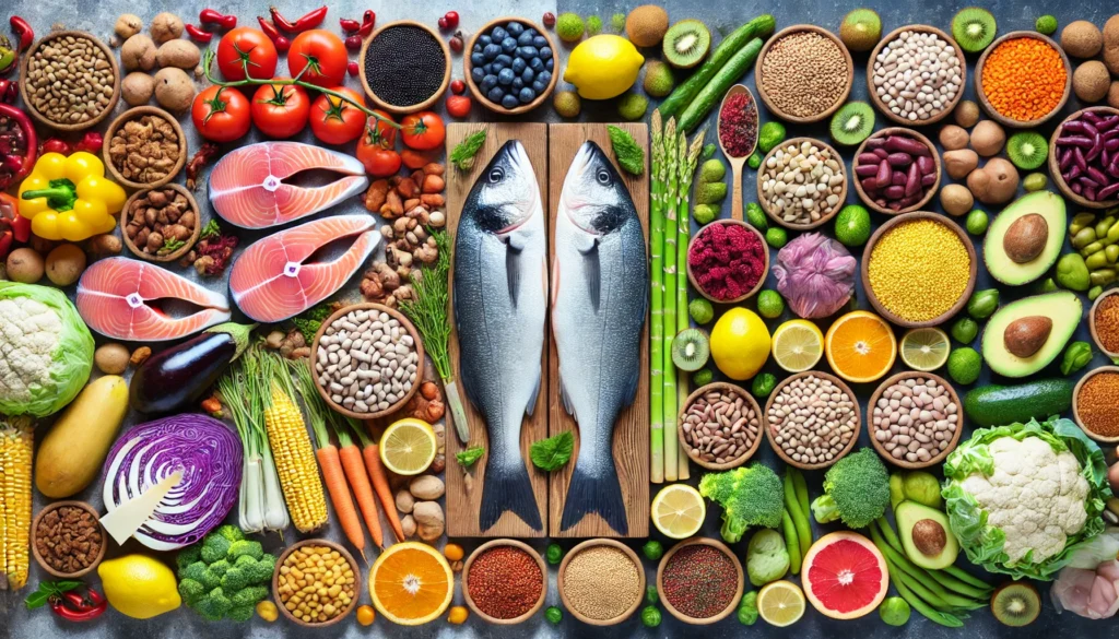 A vibrant market display showcasing fresh fish on one side and an assortment of fiber-packed foods such as legumes, whole grains, fruits, and vegetables on the other, visually contrasting seafood and plant-based fiber sources.