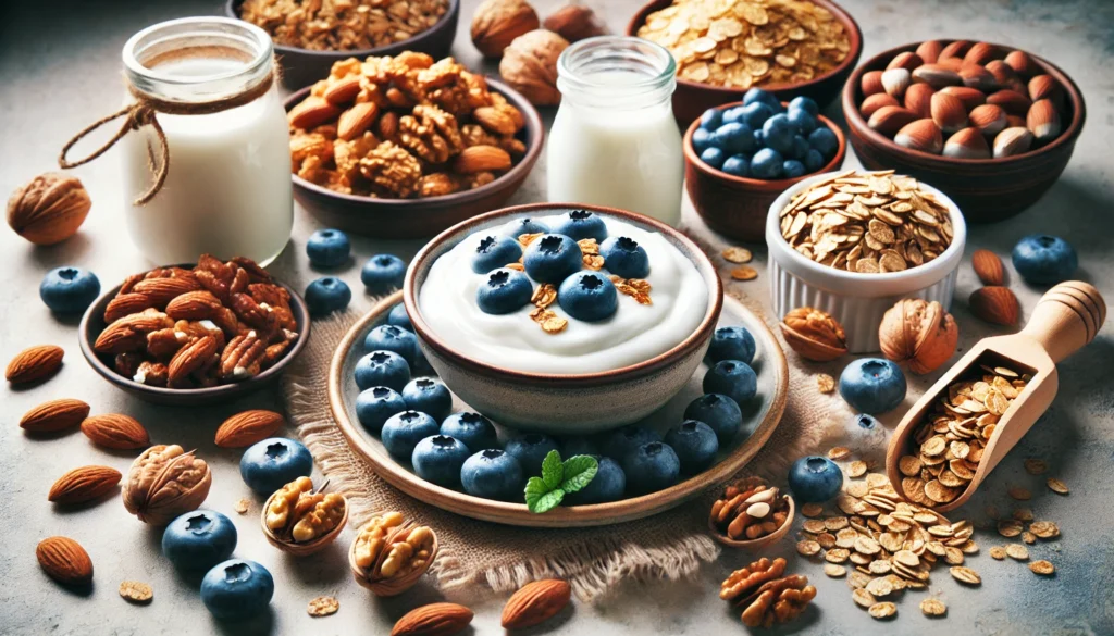 A vibrant breakfast spread featuring a bowl of Greek yogurt surrounded by fiber-packed ingredients such as whole grain granola, almonds, walnuts, and fresh blueberries, illuminated by natural daylight.