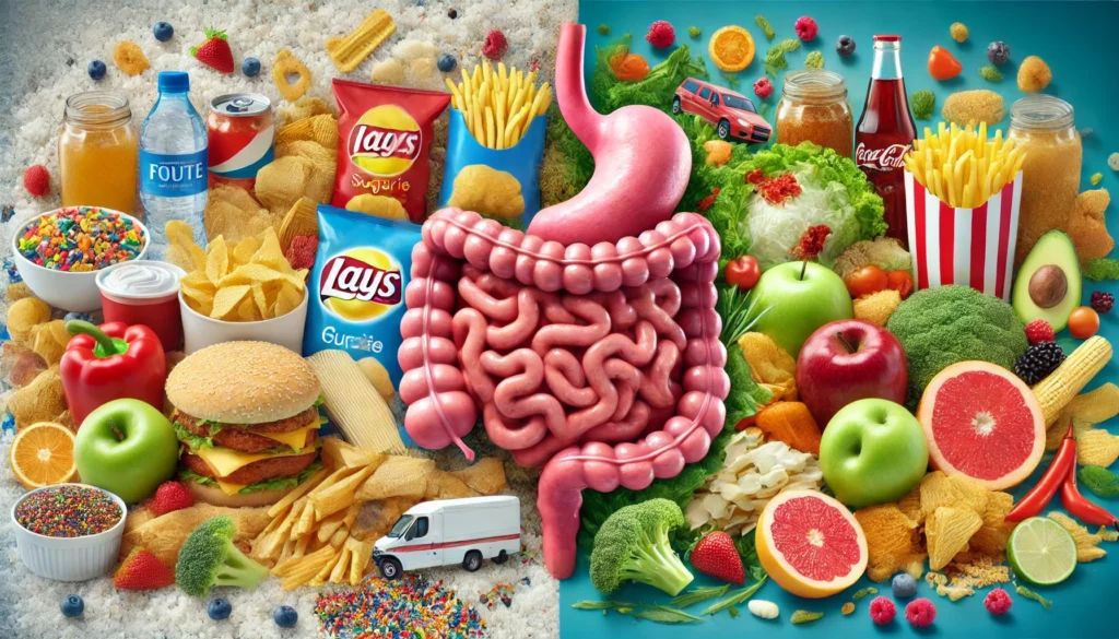 A conceptual image illustrating the contrast between an unhealthy digestive system filled with processed foods like chips, sugary snacks, and fast food, versus a vibrant, fiber-rich diet consisting of whole grains, vegetables, and fruits that support gut health