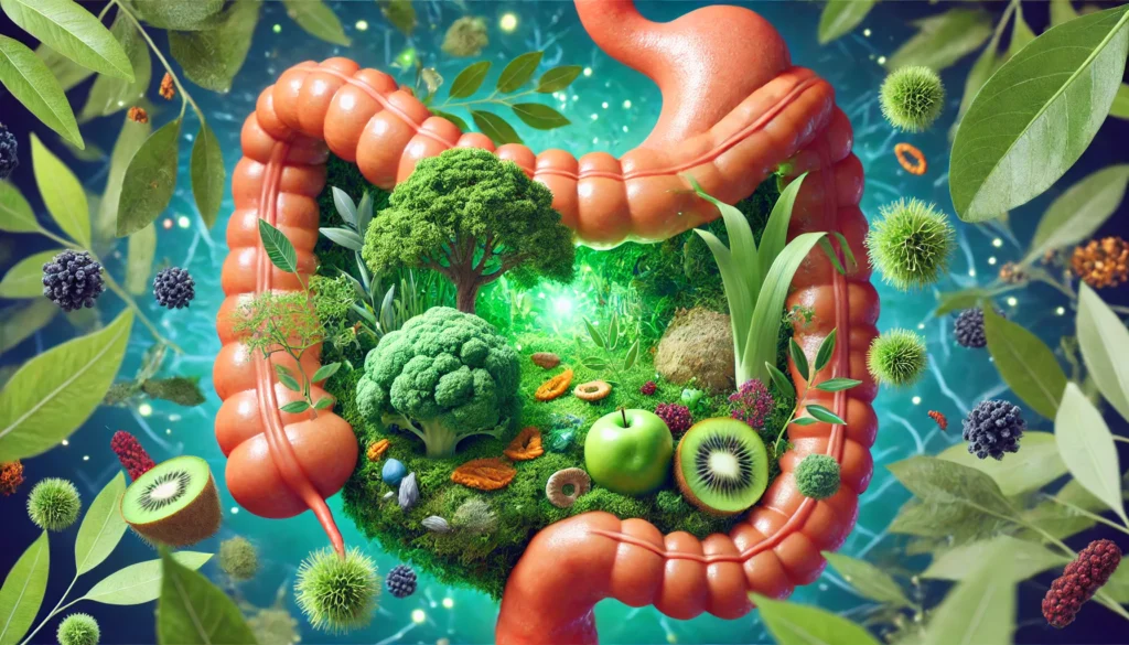 A nature-inspired scene depicting a lush micro-ecosystem inside the human digestive tract, filled with greenery and fiber-rich foods, symbolizing balance, gut health, and anti-inflammatory benefits.