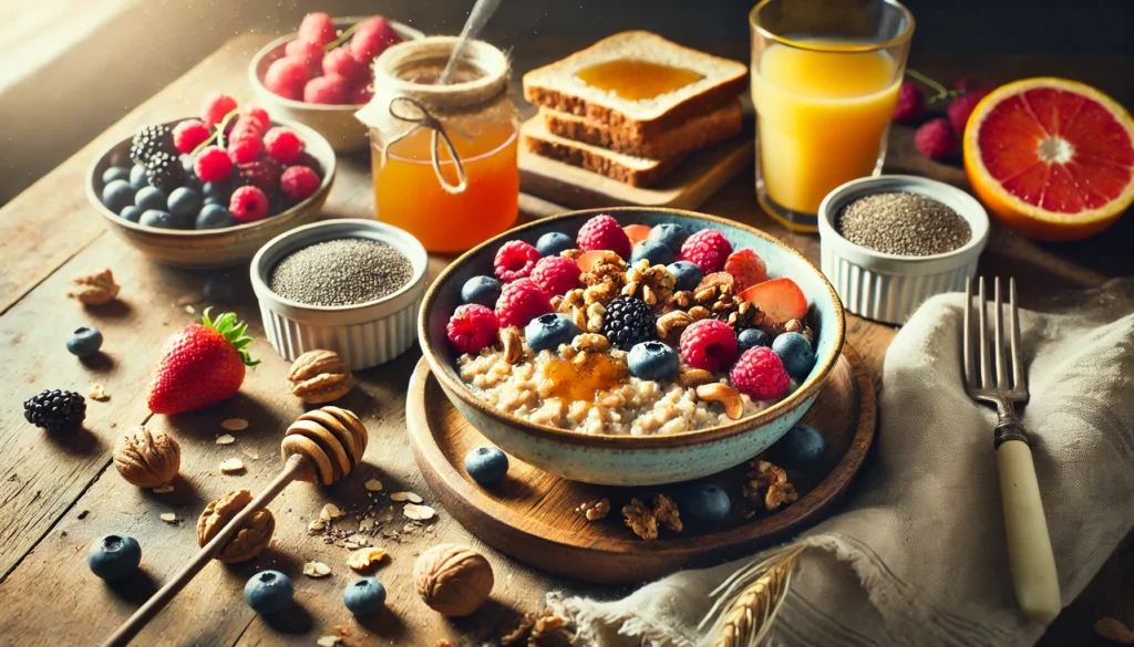 A wholesome breakfast scene featuring fiber-rich oatmeal with fresh berries, nuts, and honey, served with whole grain toast, fresh juice, and chia seeds on a wooden table.