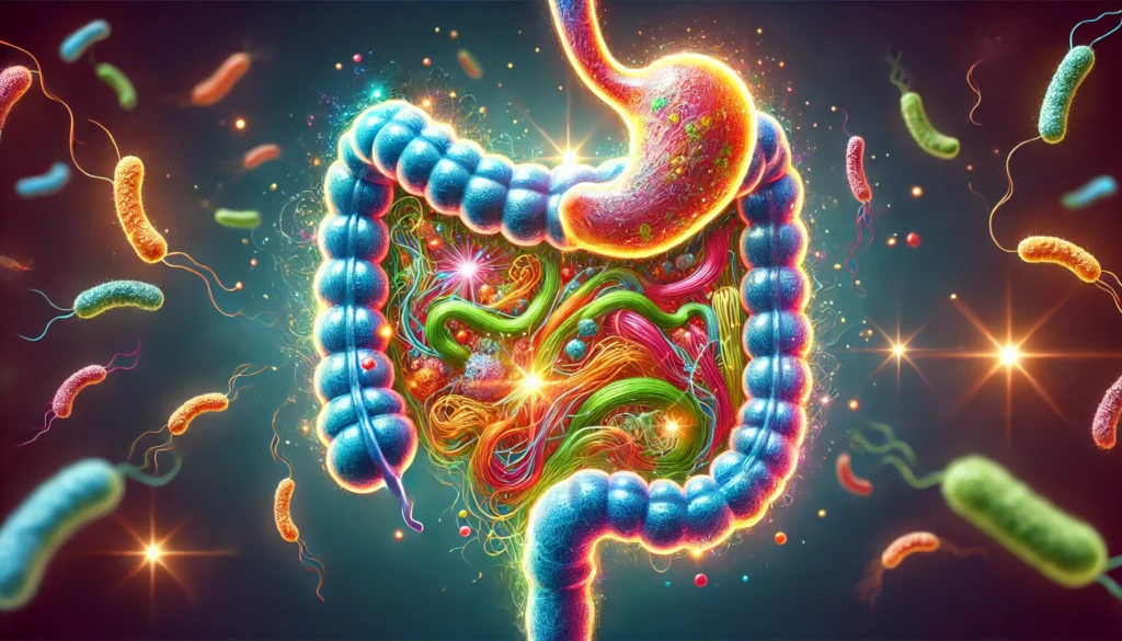 A visually appealing digestive system illustration, depicting a glowing, healthy gut filled with beneficial bacteria, representing the positive effects of prebiotic fiber supplementation on digestive health.
