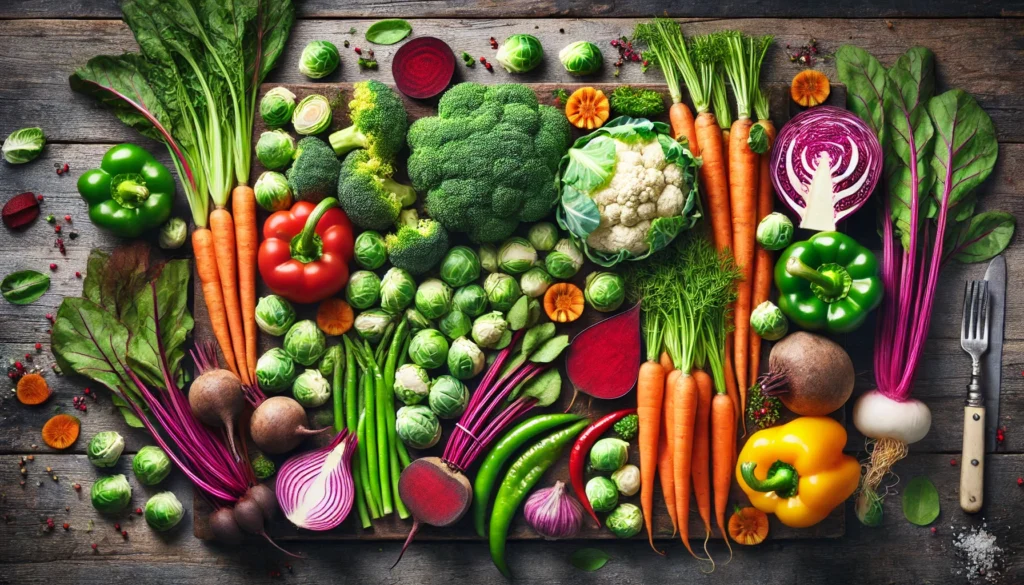 An artistic flat lay of high-fiber vegetables, featuring fresh broccoli, Brussels sprouts, carrots, beets, and bell peppers arranged on a rustic wooden surface. The composition showcases the vibrant colors and diverse textures of fiber-rich plant foods, emphasizing their health benefits.