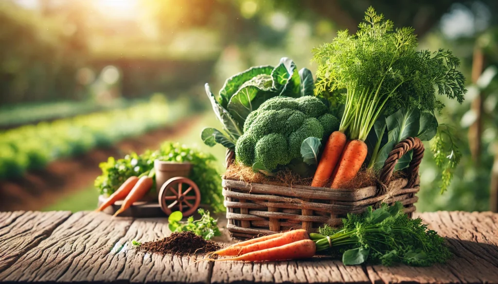 A farm-to-table scene featuring freshly harvested carrots, broccoli, and leafy greens in a rustic basket, with sunlight filtering through a garden backdrop for an organic and wholesome feel.
