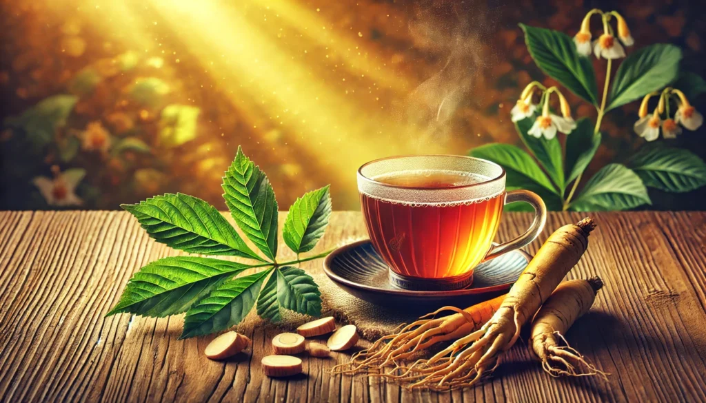 A steaming cup of American ginseng tea on a wooden table, accompanied by fresh ginseng roots and leaves, evoking a sense of tranquility, natural healing, and digestive support.