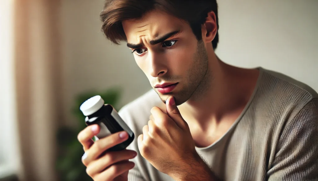 A person examining a bottle of herbal supplements, looking concerned as they read the label. The blurred background focuses on their cautious expression and the supplement bottle.