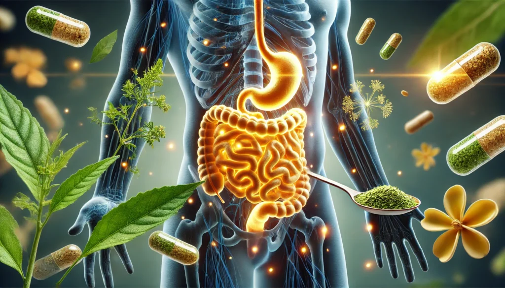 A visually striking representation of gut health, featuring a glowing human digestive tract with illuminated intestines, symbolizing optimal microbiome balance, with floating herbal elements like ashwagandha leaves and medicinal capsules merging into the scene.