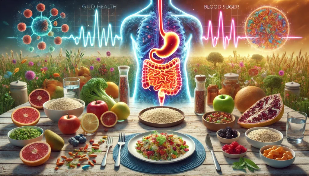 A glowing digital representation of a healthy digestive system surrounded by fiber-rich foods like oats, fruits, vegetables, and legumes, symbolizing optimal gut health and nutrient absorption.