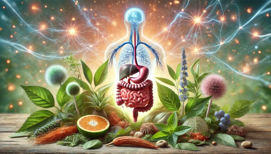 A holistic representation of Ashwagandha’s impact on immune function, featuring a thriving digestive system surrounded by medicinal herbs and a glowing network of nerves, symbolizing brain-gut connection.