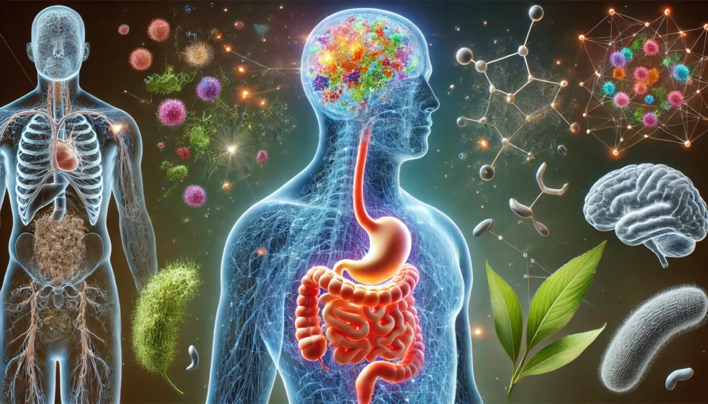 A scientific artistic representation of the gut-brain connection, featuring a transparent human figure with a glowing digestive system. Vibrant microbiota within the gut symbolize a balanced microbiome, while illuminated neural pathways connect to a softly glowing brain, emphasizing the link between gut health and sleep. Floating around the figure are ashwagandha leaves and melatonin molecules, reinforcing their role in sleep and digestive wellness.