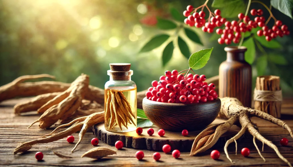 A wellness-inspired still life featuring ashwagandha root extract in a glass bottle and fresh schisandra berries in a wooden bowl, set against a sunlit nature background, emphasizing balance and vitality.