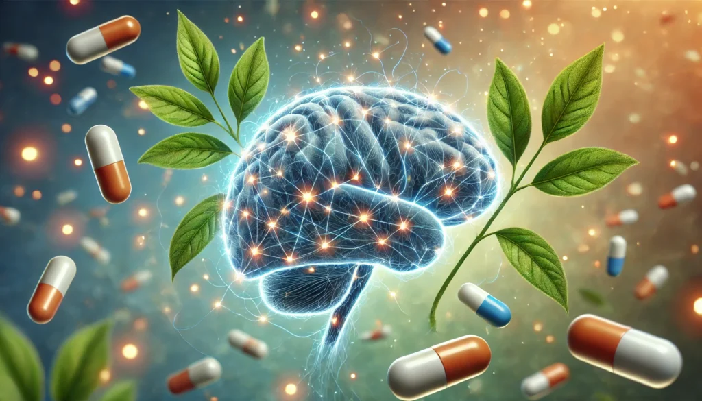 A glowing human brain surrounded by floating ashwagandha leaves and medical capsules, visually representing the interaction between natural remedies and pharmaceutical antidepressants in neurotransmitter balance.




