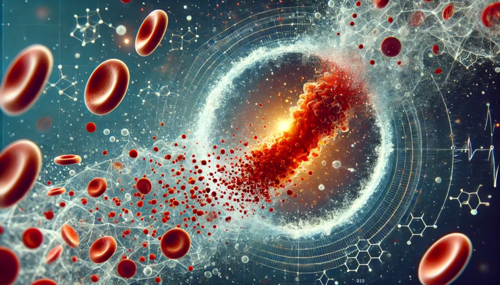 A magnified conceptual image of a dissolving blood clot, with particles dispersing to illustrate the process of blood thinning and anticoagulation.