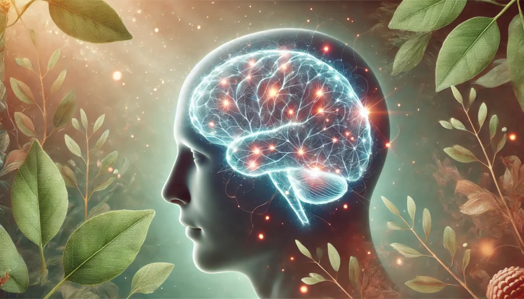 A close-up of a glowing brain with neural connections illuminated, illustrating Ashwagandha’s impact on cognitive function and emotional regulation, surrounded by nature-inspired elements.