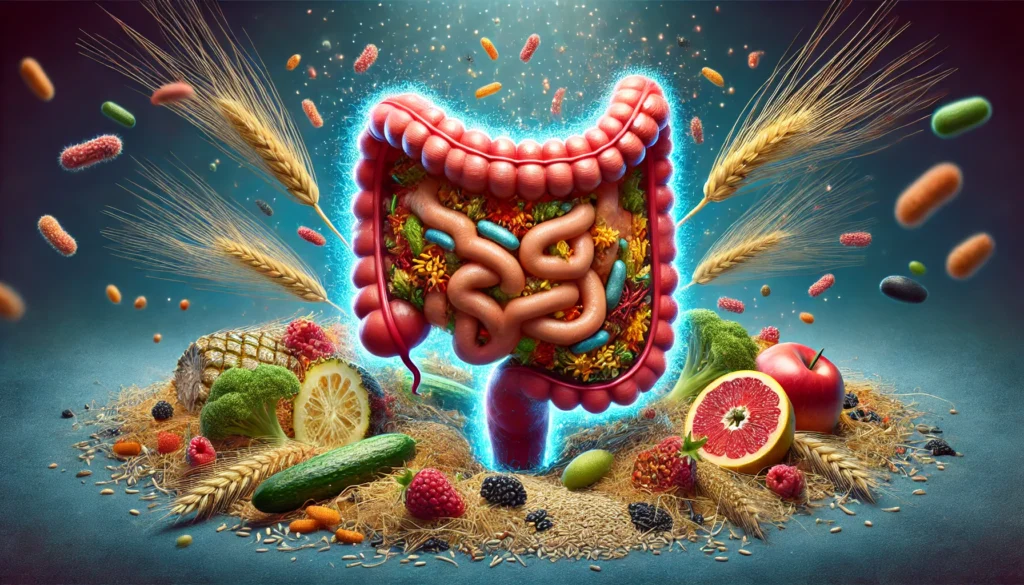 A dynamic visual representation of the gut microbiome, illustrating beneficial bacteria thriving on fiber-rich foods like whole grains, fruits, and vegetables, emphasizing the role of fiber in digestion and overall health.