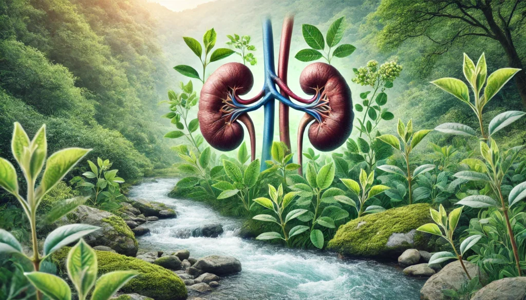 A lush, naturalistic scene of ashwagandha plants growing beside a flowing river, with subtle artistic kidneys blended into the background, symbolizing purification and kidney health.