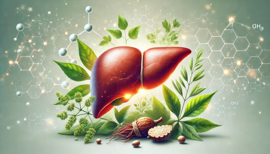 A glowing human liver surrounded by ashwagandha roots and leaves, symbolizing the herb’s potential effects on liver health. The background features a subtle molecular structure pattern, representing scientific research and medical studies.

