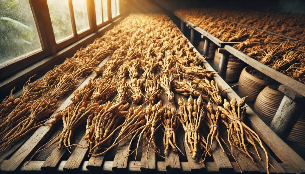 Freshly harvested ashwagandha roots drying on wooden racks in a well-ventilated space, arranged neatly with natural sunlight filtering in to enhance their golden-brown hues.
