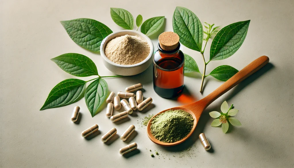 A wellness-themed display of ashwagandha supplements, including powder, capsules, and liquid extract, arranged with fresh green leaves on a minimalist background.