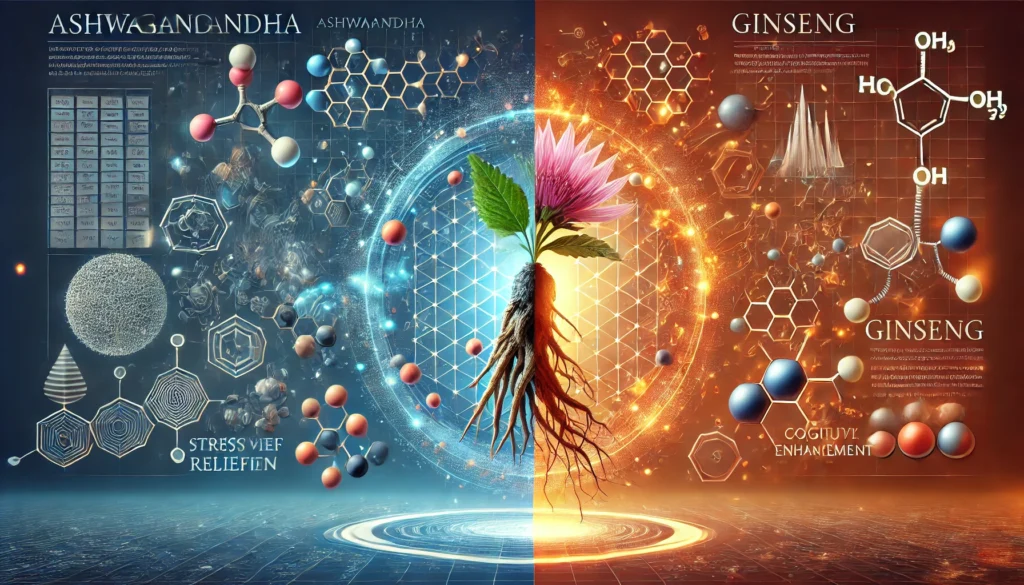 A modern scientific visualization of ashwagandha and ginseng benefits, with a blue-glowing representation of stress relief on one side and a red-orange depiction of energy and cognition on the other.