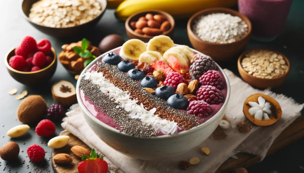 A close-up of a fiber-rich smoothie bowl topped with chia seeds, flaxseeds, sliced bananas, mixed berries, and shredded coconut, surrounded by bowls of oats, nuts, and fresh fruits, emphasizing nutrition and texture.