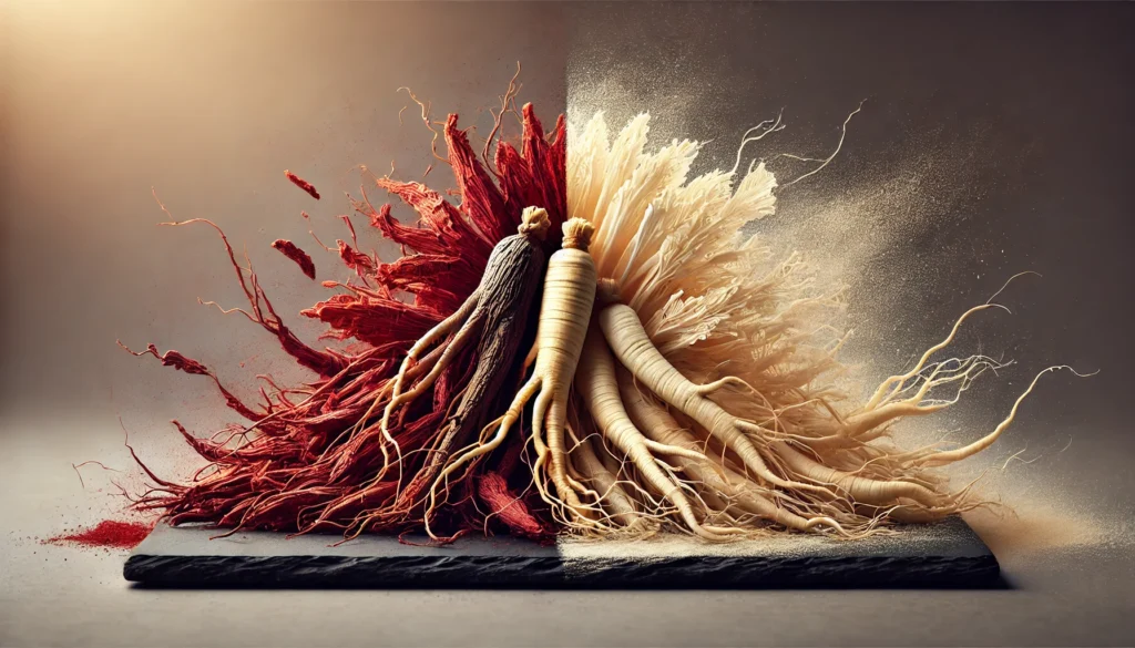 A side-by-side visual comparison of red ginseng and white ginseng roots on a clean slate surface, showcasing red ginseng's darker, more processed appearance versus the lighter, natural hue of white ginseng, with soft lighting emphasizing their textures.