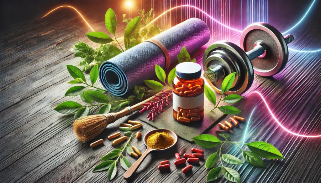 A dynamic and energetic display of Ashwagandha supplements, including capsules and powder, artfully placed alongside a yoga mat and dumbbells, symbolizing energy, vitality, and overall well-being.