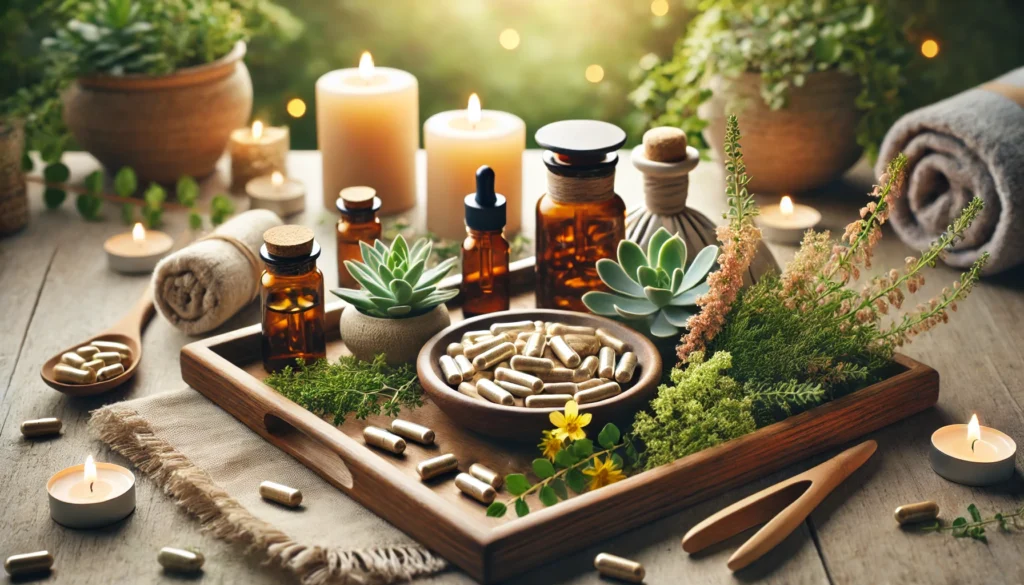 A peaceful spa-like setting with Rhodiola capsules, herbal tinctures, and fresh plant elements arranged on a wooden tray, surrounded by candlelight and a softly blurred natural background, representing stress relief and relaxation.