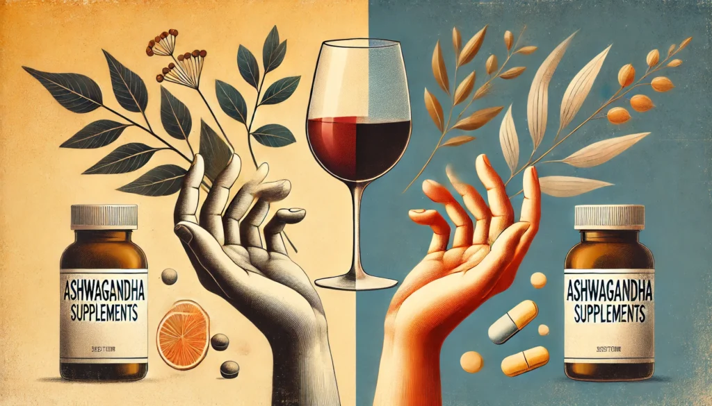 A conceptual visual of two hands holding wine and ashwagandha supplements against a divided natural and scientific backdrop.