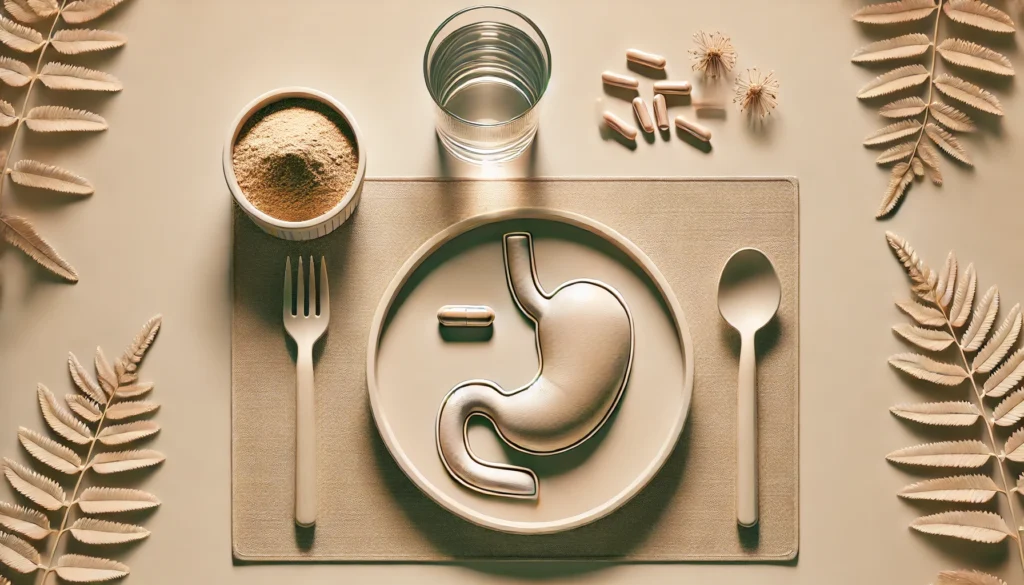 A minimalist concept showing an ashwagandha capsule or powder next to a glass of water on an empty stomach, symbolizing taking it without food for different benefits.

