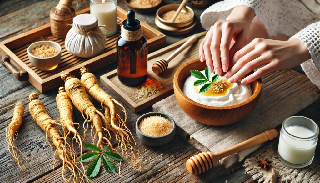 A holistic self-care setup with fresh ginseng roots, an herbal ginseng-infused oil bottle, and a wellness spa arrangement where a person prepares a ginseng facial mask with honey and yogurt, enhancing relaxation and rejuvenation.