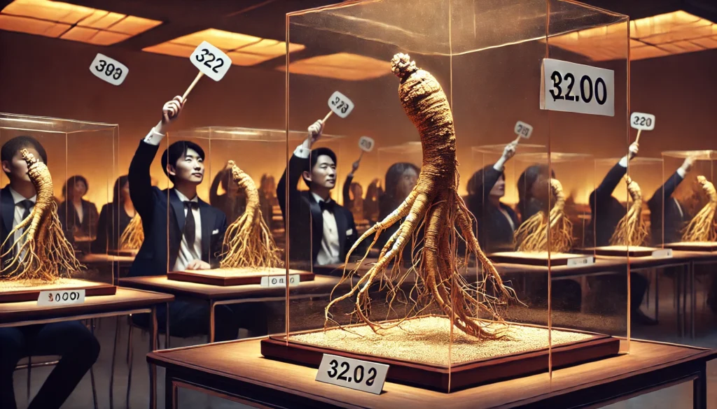 A high-end auction featuring rare wild ginseng roots elegantly displayed in glass cases, with bidders raising paddles, illustrating the luxury market and high demand for premium ginseng roots.





