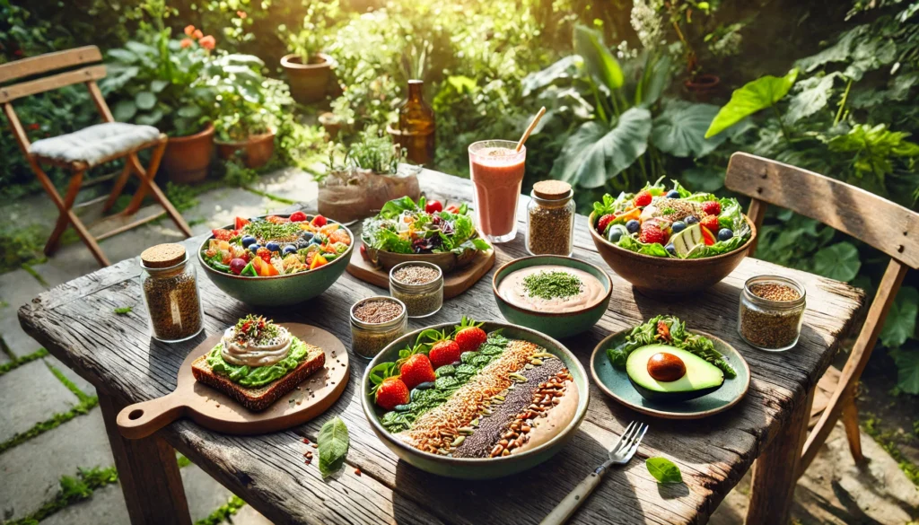 An outdoor brunch setup featuring smoothie bowls with seeds and fresh fruit, whole grain toast with avocado and hummus, and a quinoa salad with roasted vegetables, bathed in natural sunlight.