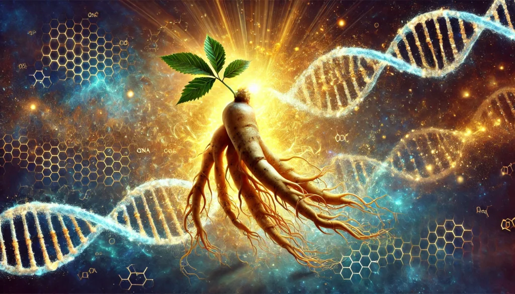 A surreal artistic representation of Korean ginseng roots intertwining with a glowing DNA strand, symbolizing the connection between genetic health and hormone balance. Golden energy pulsates through the roots, merging with the DNA helix. The cosmic energy field in the background highlights the synergy between ginseng and hormonal health.